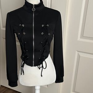 Elegant Black Lace-Up Bomber Jacket